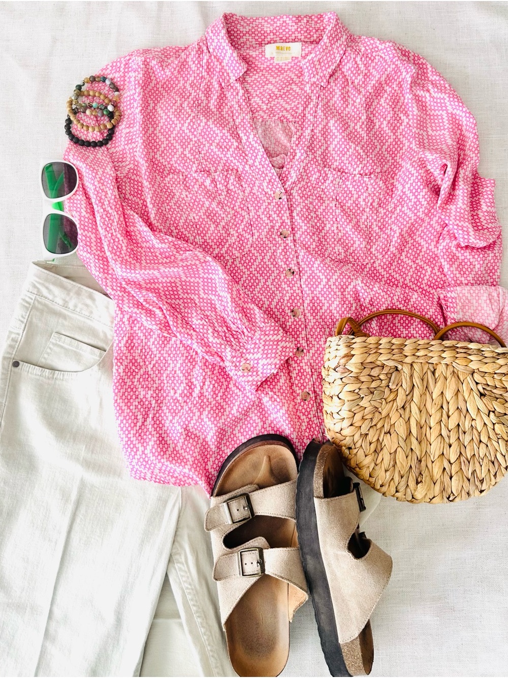 Maeve by Anthropologie Pink Geo Print Button Front Rayon Blouse Size 12